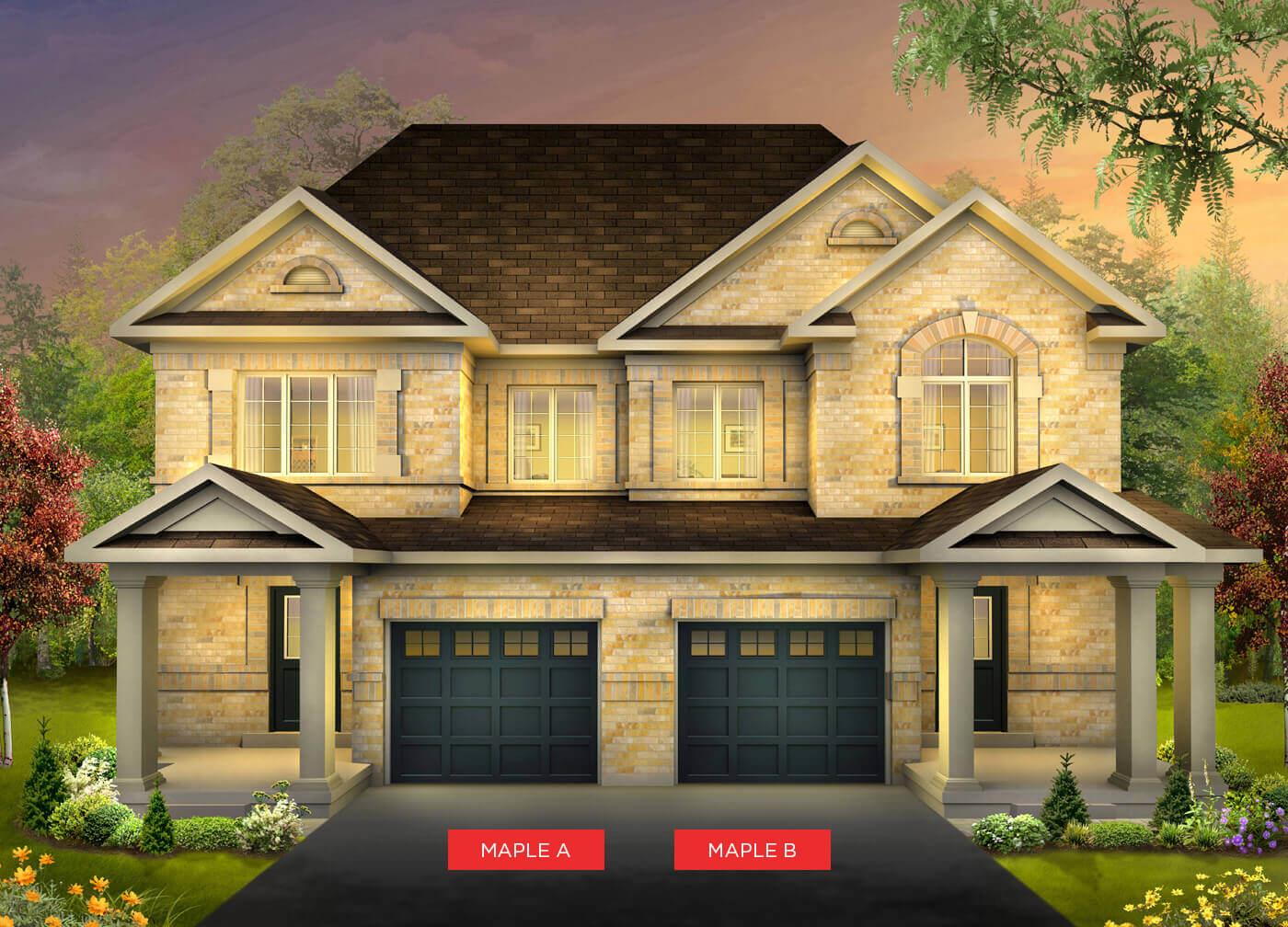Stone and brick semi-detached homes at Jasper Village Milton
