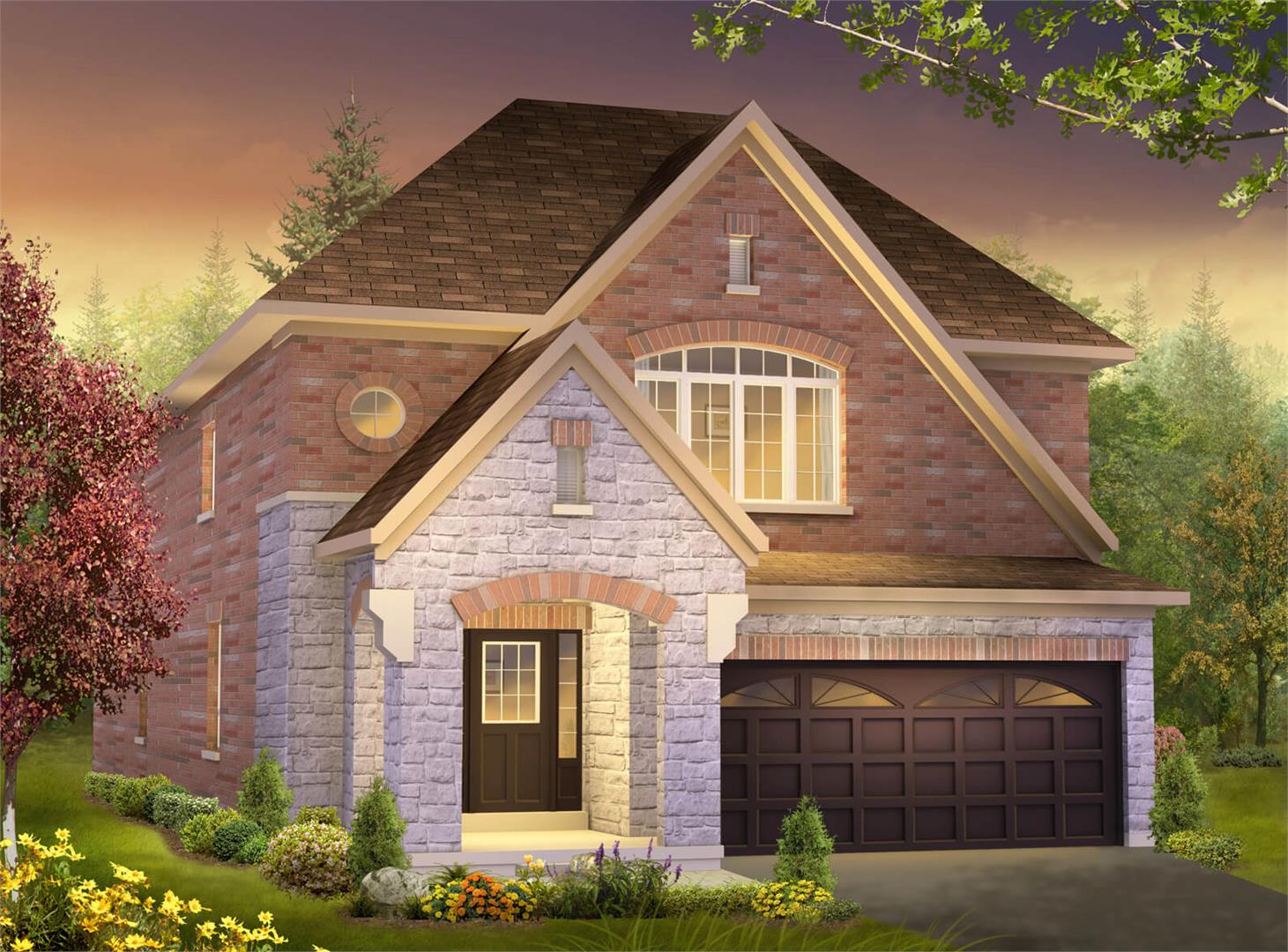 Brick and stone detached home elevation at Jasper Village Milton