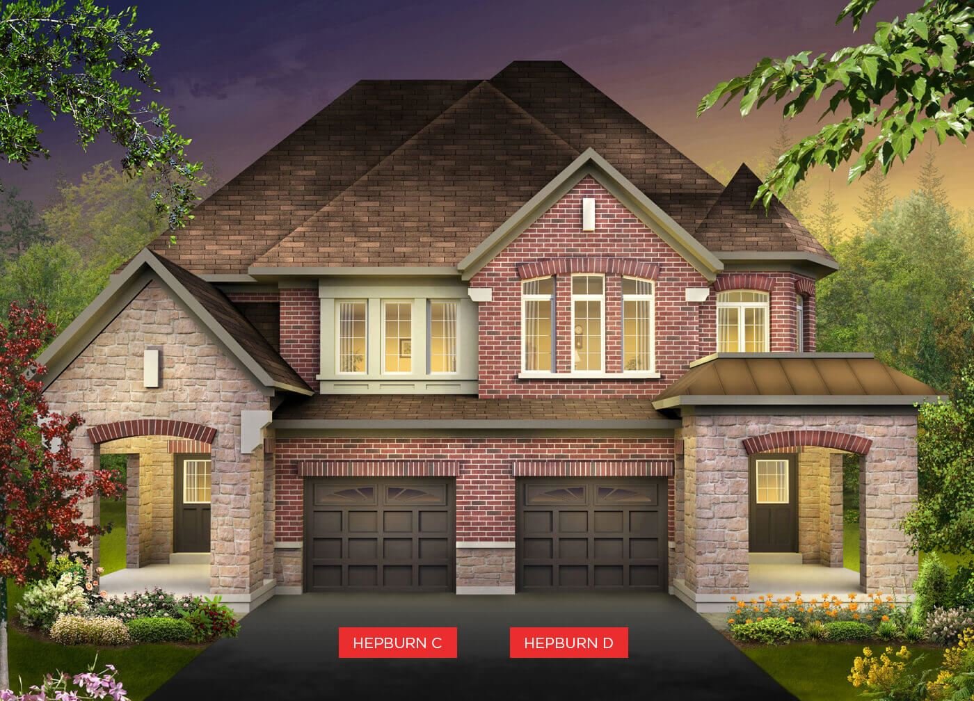 Brick and stone 25-foot semi-detached homes at Jasper Village Milton