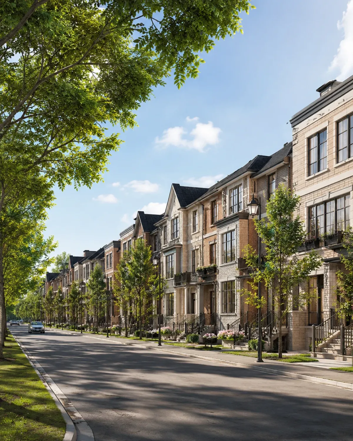 Tree-lined townhome streetscape at UpTown Woodbridge in Vaughan