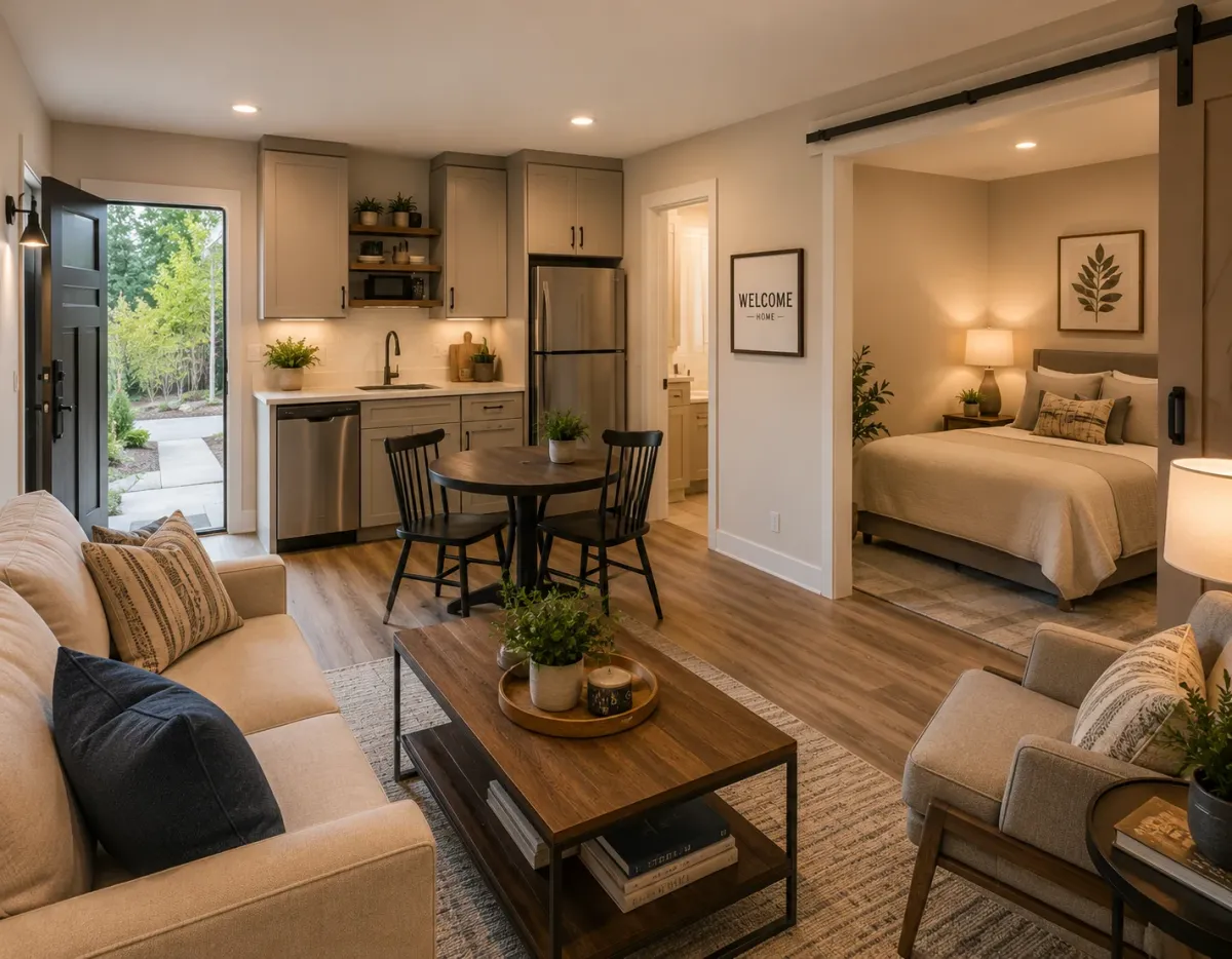 Open-concept kitchen and living room at UpTown Woodbridge